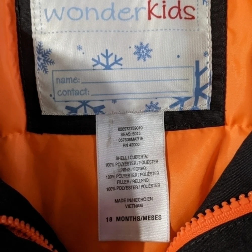 Boys sz 18 months winter‎ coat Jacket hooded Wonder kids black gray orange